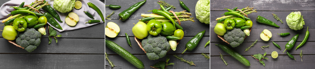 Collage of fresh green vegetables on dark wooden background