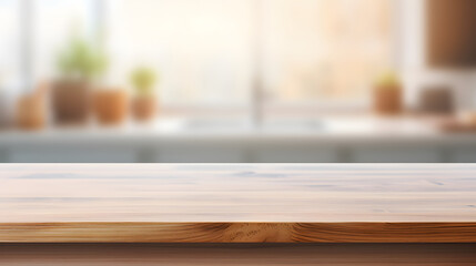 Empty beautiful wood table top counter and blur bokeh modern kitchen interior background in clean and bright,Banner, Ready for product montage. Generative AI illustration