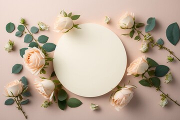 Top view photo of stunning small roses on a peaceful pastel beige background includes a blank white circle perfect for advertisement or branding, Generative AI 