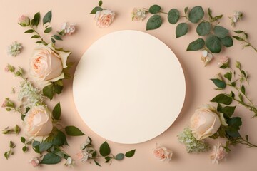 Fototapeta na wymiar Top view photo of stunning small roses on a peaceful pastel beige background includes a blank white circle perfect for advertisement or branding, Generative AI 
