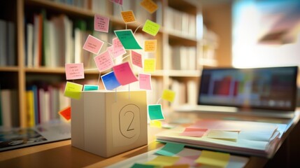 Detailed view of a digital textbook on a bookshelf, surrounded by sticky notes with study reminders.