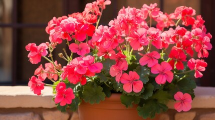 Radiant geraniums in vibrant pinks and reds against a muted terracotta background.