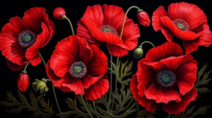 Scarlet poppies in full bloom, their vibrant red petals against a timeless black background.