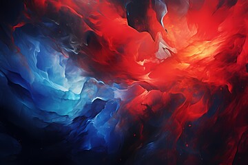 Scarlet red and electric blue collide in a cosmic collision, leaving behind an abstract masterpiece in their wake. - obrazy, fototapety, plakaty