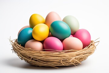 Naklejka na ściany i meble Colorful eggs in a straw basket on a white background.
