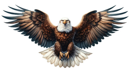 Front view of watercolor american bald eagle flying and wings wide spread isolated on transparent background.