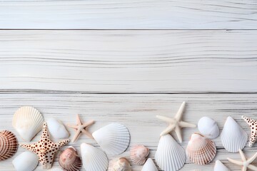 Monochrome seashells arranged on a weathered wooden background, echoing the tranquility of the beach. Minimal background. Flat lay, top view, copy space.