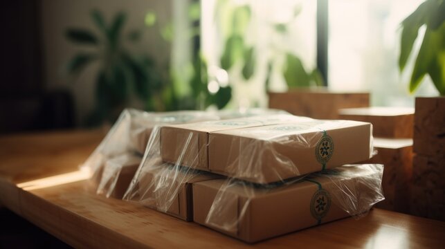Closeup of a sustainable packaging design, using recycled materials and minimal plastic.