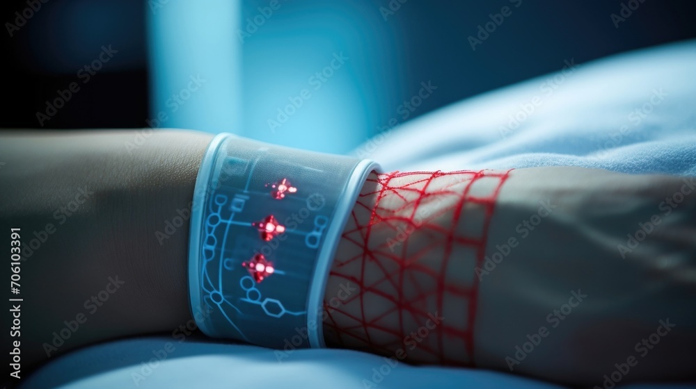 Wall mural closeup of a sensor patch attached to a patients arm for continuous cardiac monitoring.