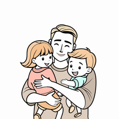 Father's day concept. Flat illustration. Father hugging his daughter and son.