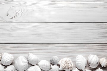 Fototapeta na wymiar Monochrome seashells arranged on a weathered wooden background, echoing the tranquility of the beach. Minimal background. Flat lay, top view, copy space.