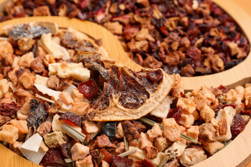 Plate with dried fruit tea as background, closeup