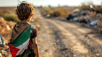 Deserted palestinian kid with flag 