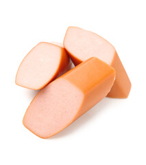 Pieces of tasty sausage isolated on white background