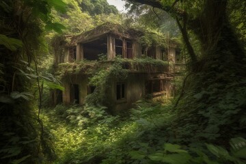 Overgrown abandoned dwelling swallowed by dense magical forest. Generative AI