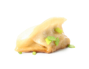 Tasty Chinese jiaozi with green onion on white background