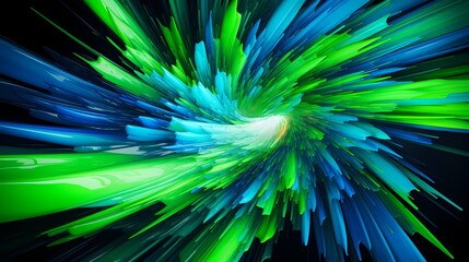 Neon streaks of lime green and electric blue intertwining, creating a kinetic burst of energy.