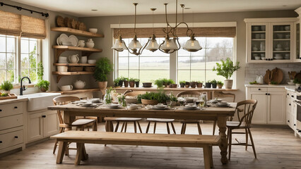 a photo showcasing your farmhouse kitchen table as the heart of your home highlight the warmth, comfort, and togetherness that the table brings to your family