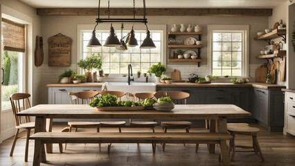a photo showcasing your farmhouse kitchen table as the heart of your home highlight the warmth, comfort, and togetherness that the table brings to your family