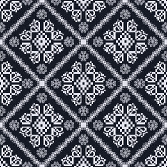 Folk embroidery cross stitch floral geometric pattern. Vector ethnic blue-white geometric floral pattern. Folk floral embroidery pattern use for fabric, textile, home decoration elements, upholstery.