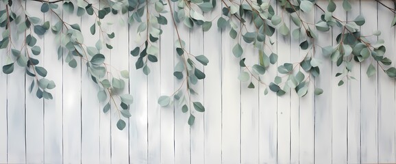 Serene simplicity captured in an HD image featuring eucalyptus branches and leaves arranged artistically on a rustic wooden backdrop.