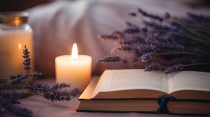 Closeup of a soothing lavender candle burning next to a book in a cozy home spa setup.