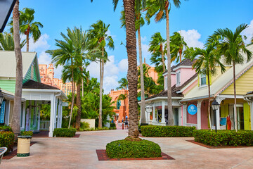 Tropical Resort Street with Palm Trees and Pastel Buildings