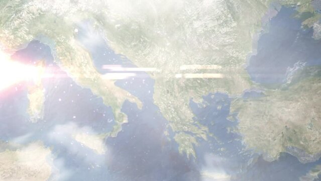 Zoom in from space and focus on Elbasan, Albania. 3D Animation. Background for travel intro. Elements of this image furnished by NASA.