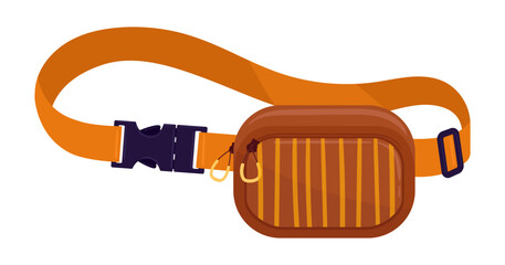 Vintage waist bag. Cartoon pouch bag, brown old school nylon belt bag with zipper pocket flat vector illustration. Waist bag on white background