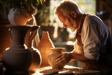 An Artisan Potter Deep in Thought, Illuminated by the Warm Glow of Sunlight in His Rustic Studio, Observing a Newly Crafted Vase Left to Dry