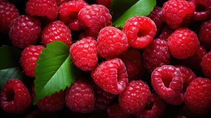 many fresh raspberries , flat lay, top view.