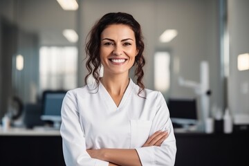A Professional Portrait of a Confident Female Dentist, Dressed in White Lab Coat, Smiling Warmly, Standing in Her Modern, Well-Equipped Dental Clinic