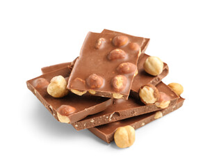 Sweet tasty chocolate with nuts on  white background
