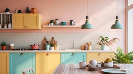 Fototapeta na wymiar Cozinha planejada com design claro e cores pastéis.