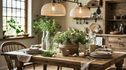 Showcase the rustic elegance of farmhouse kitchen table in a beautifully composed photo highlight the natural textures, vintage charm, and unique character of the table