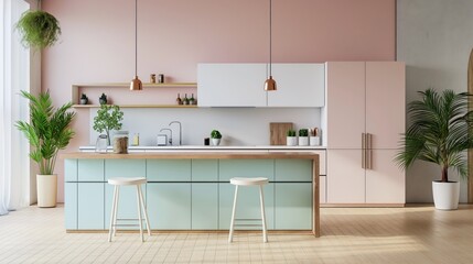 Cozinha planejada com design claro e cores pastéis.