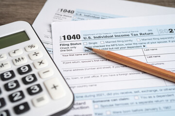 Form 1040, U.S. Individual Income Tax Return, tax forms in the U.S. tax system. - obrazy, fototapety, plakaty