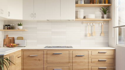 A beautiful modern Scandinavian kitchen with minimal classic wood kitchen cabinet, white tiles wall