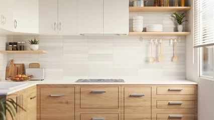 Foto op Aluminium A beautiful modern Scandinavian kitchen with minimal classic wood kitchen cabinet, white tiles wall © bongkarn