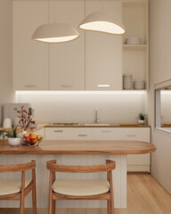 Fototapeta na wymiar Copy space on a minimal wooden kitchen counter in a minimalist white kitchen.