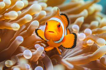 A bright orange clownfish with distinctive white stripes peeks out from its anemone home  - obrazy, fototapety, plakaty