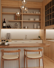 Interior design of a beautiful, minimalist kitchen with a wooden kitchen island with stools.