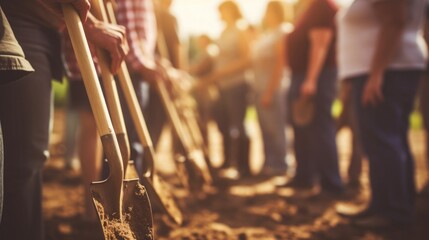 Closeup of a group of hands holding shovels and trowels, showcasing teamwork in a community service project. - obrazy, fototapety, plakaty