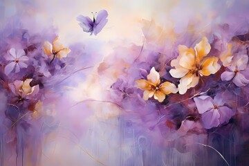 Radiant bursts of lavender and marigold splash across the canvas, narrating a tale of abstract exuberance.