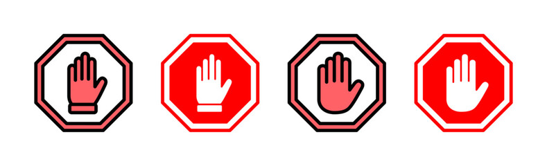 Stop icon set illustration. stop road sign. hand stop sign and symbol. Do not enter stop red sign with hand