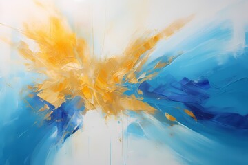 Radiant bursts of saffron and azure converging into a vibrant and energetic abstract masterpiece on the canvas.