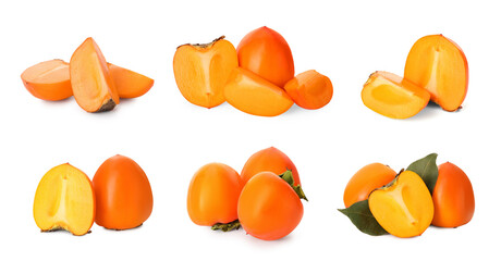 Fresh persimmon fruits isolated on white, collection