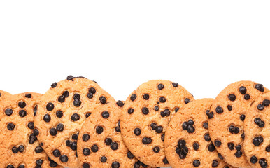 Tasty cookies with chocolate chips isolated on white background