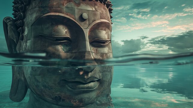 Buddha statue in blue zen environment with blue sky. Meditation concept. Generative AI