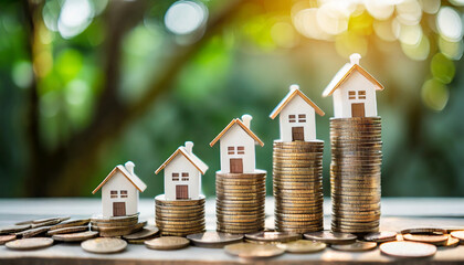 Conceptual image: Coins forming a ladder with a house atop symbolizing savings and progression towards homeownership